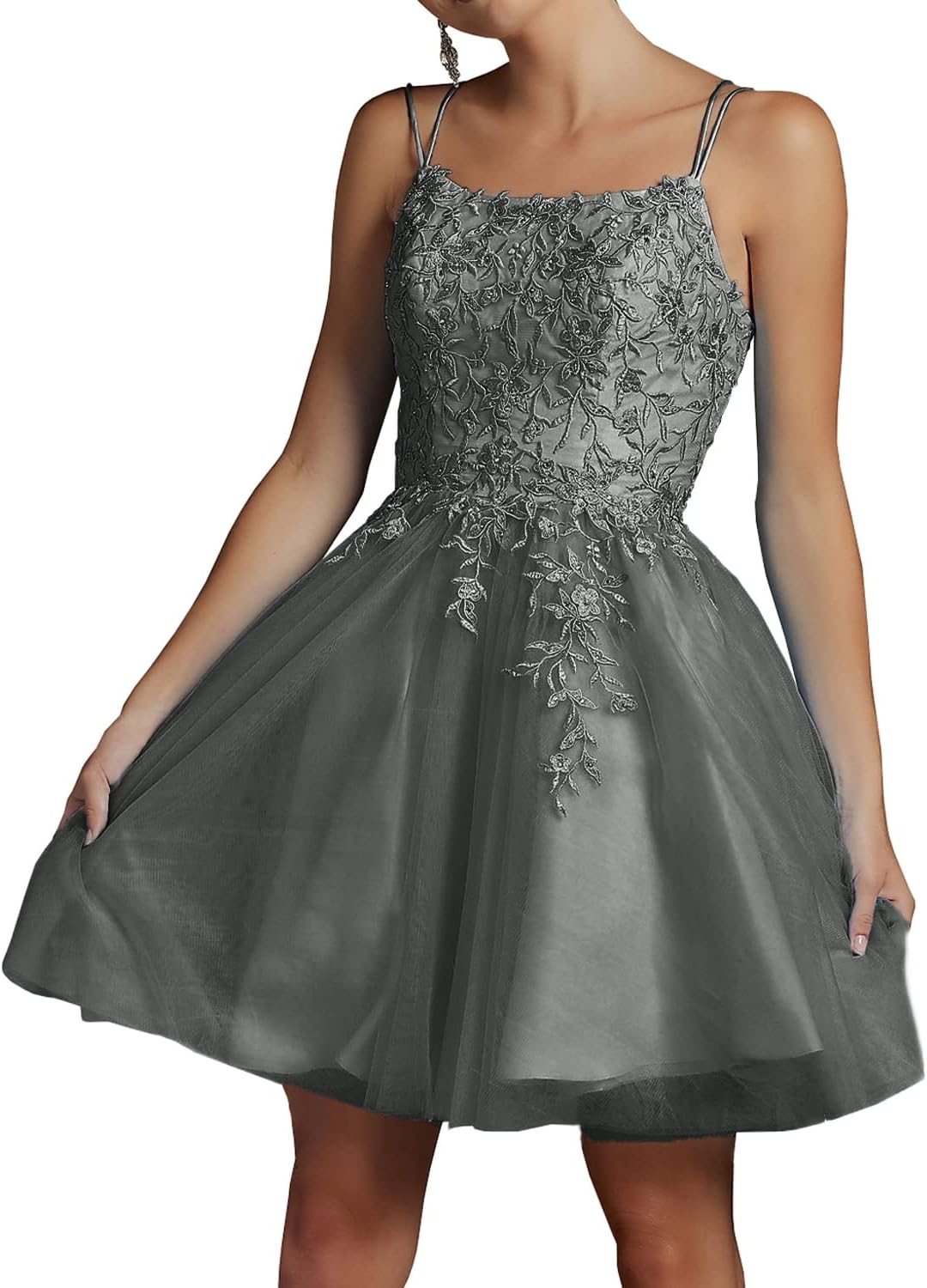 Modest Lace Beaded Tulle Homecoming Dresses Short Square Neck Prom Dress Spaghetti Straps Party Gown