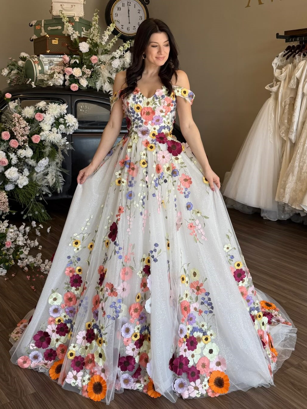 Colorful Floral Appliques Tulle A-Line Off Shoulder Wedding Dress