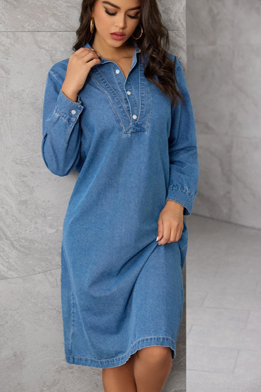 Vintage Collar Midi Denim Dress - View 3 | VelvetHem