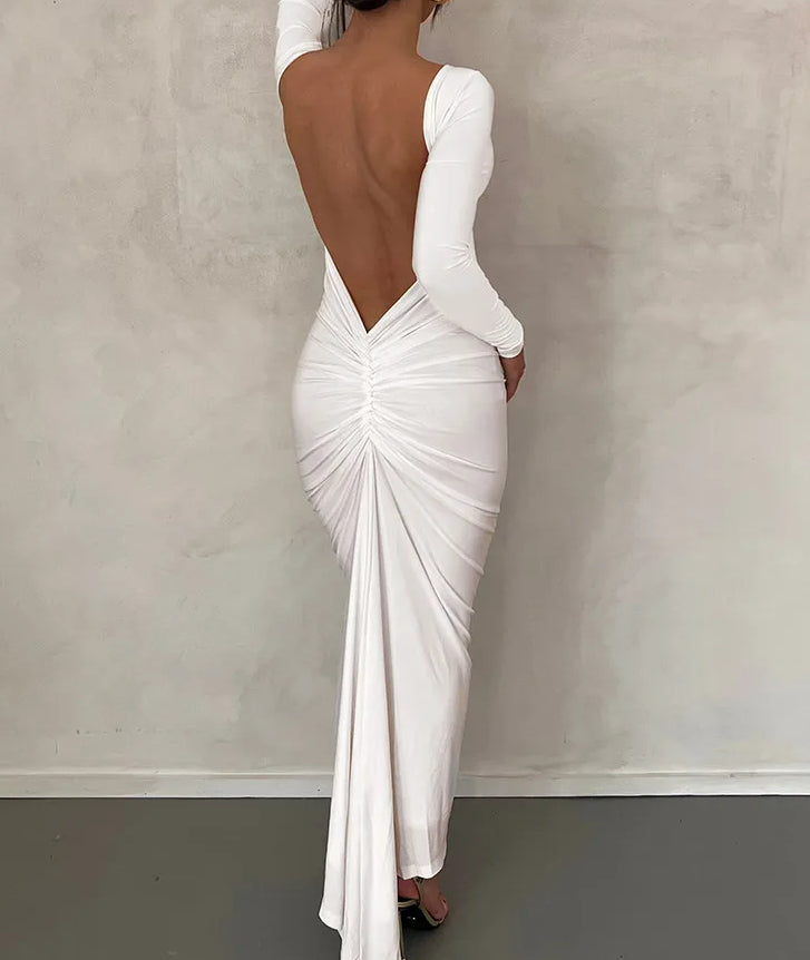 Draped Backless Long Sleeve Maxi Dress - View 2 | VelvetHem