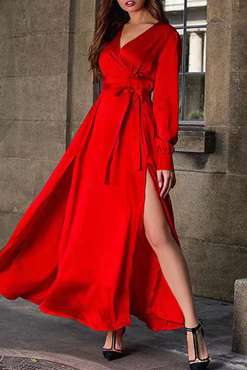 Celebrities Formal Solid Frenulum Slit V Neck Evening Dresses - View 2 | VelvetHem