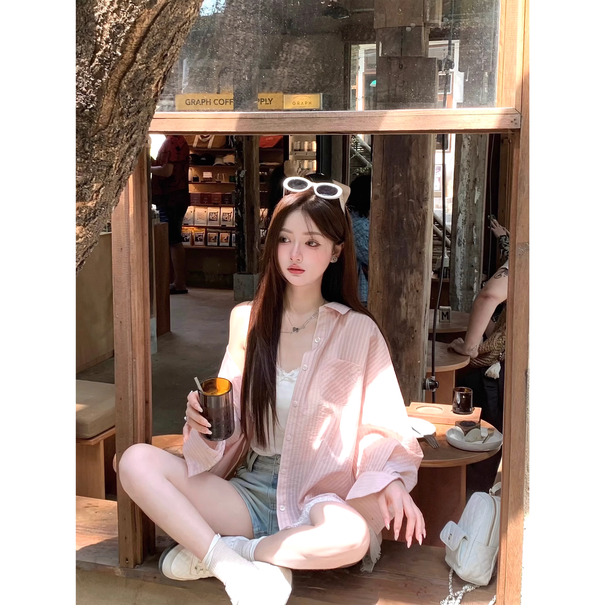 Pink striped sun-protective shirt, casual chic Korean style top A136 - VelvetHem