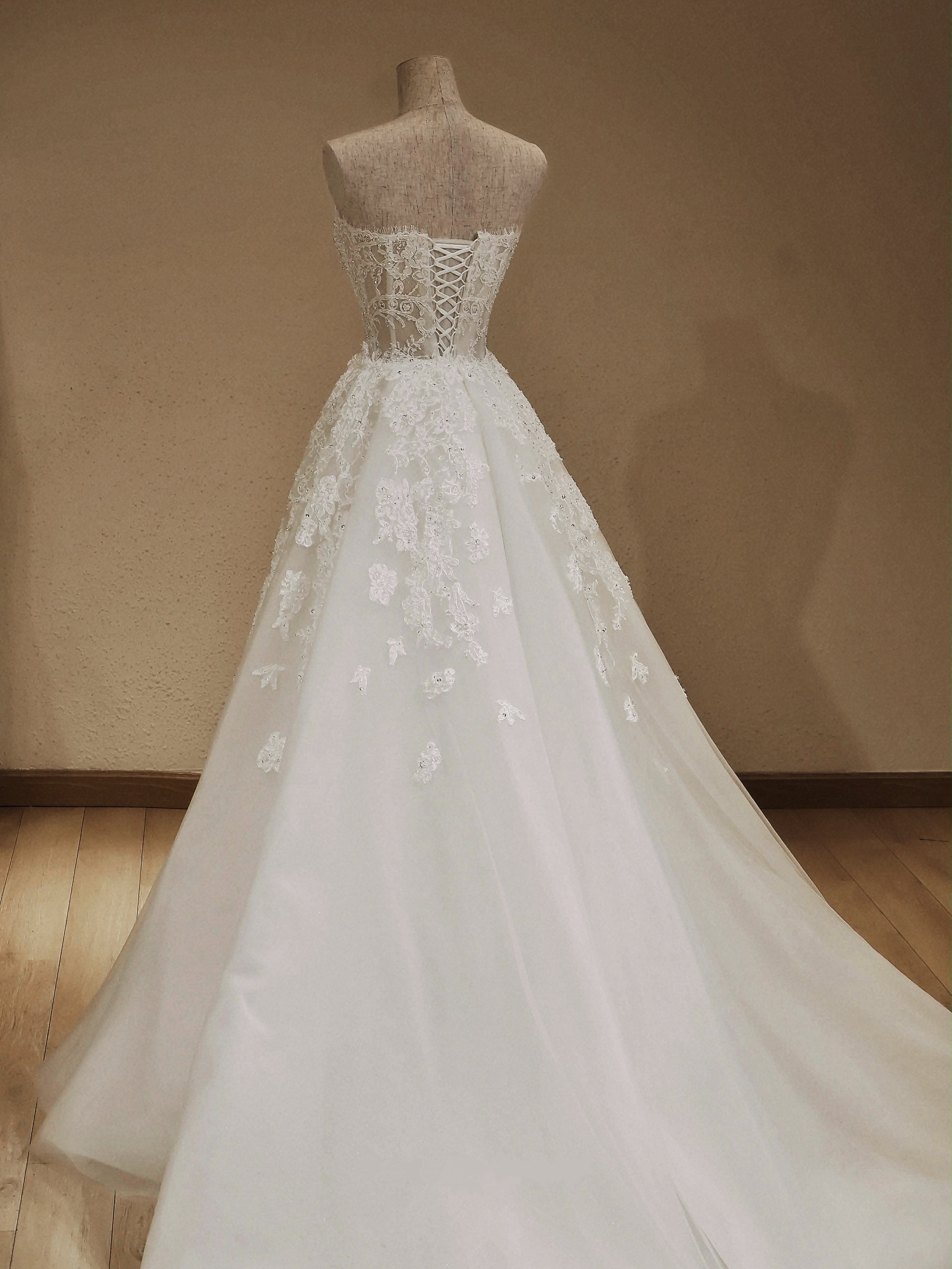 A-Line Strapless Lace Corset Lace Up Back Wedding Dress With Oversized Tulle Skirt Overlay