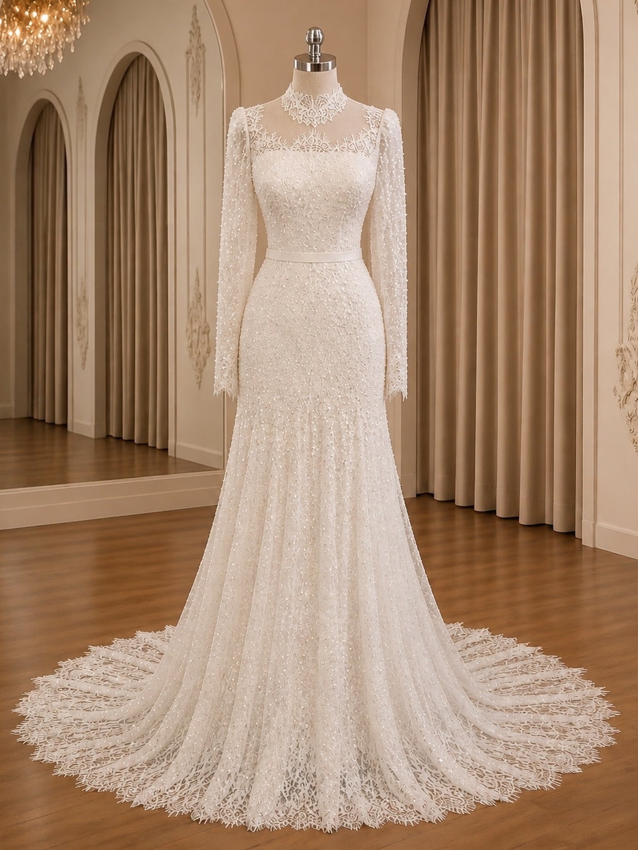 Modest Long Sleeve Lace Sheath Wedding Gown With Extended Lace Train