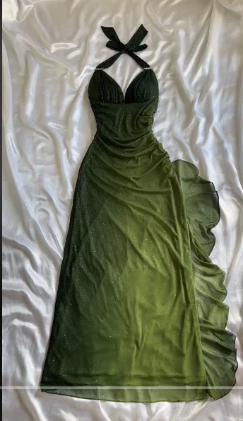 Charming Halter Ombre Green Chiffon Long Prom Dress Party Evening Gown - View 2 | FashionDia