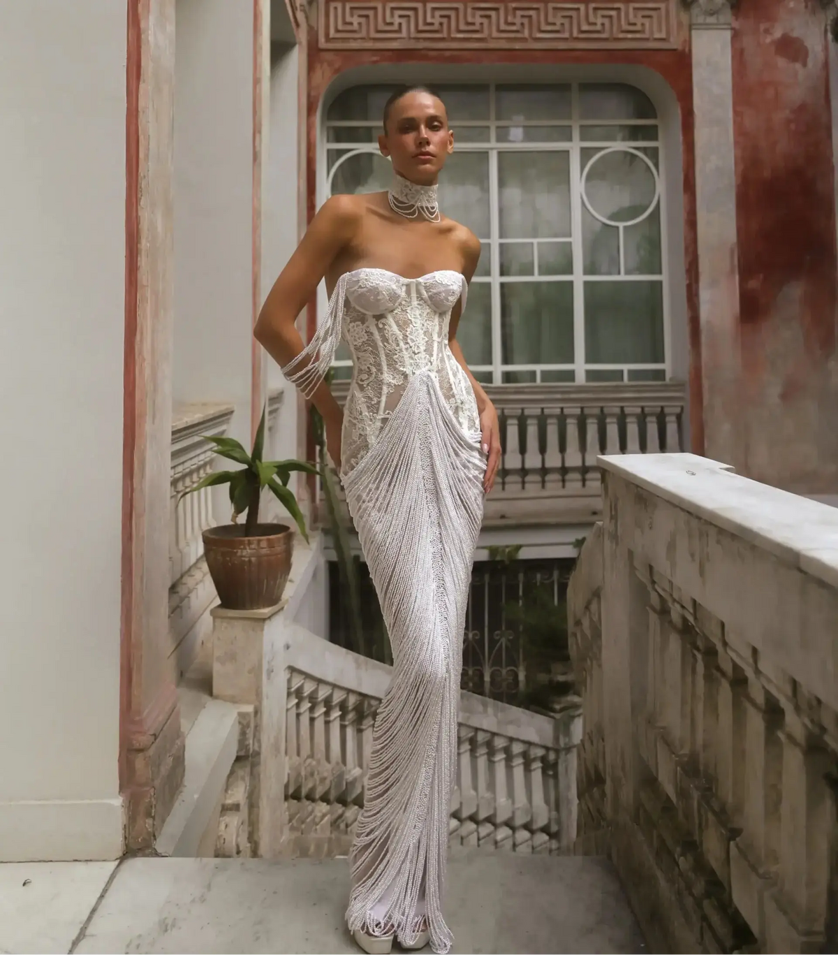 Elegant Ivory Sheer Lace Sweetheart Neck Fringe Mermaid Wedding Dress with Choker ZP125
