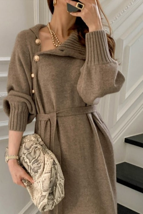 Tie Waist Knit Turtleneck Long Sweater Dress - VelvetHem
