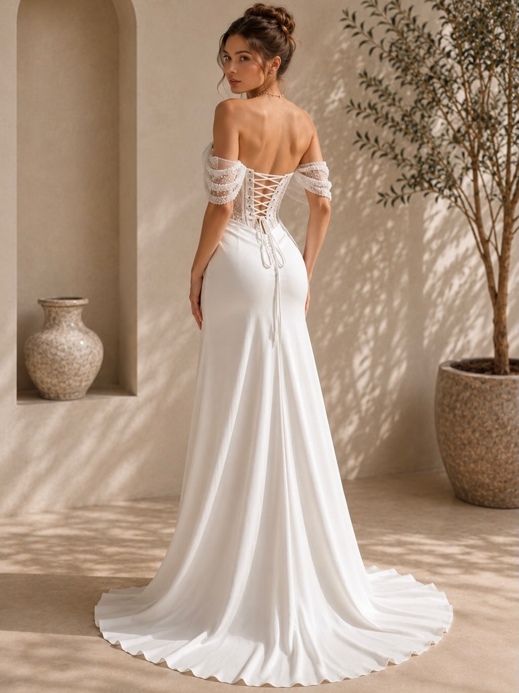 Elegant Off Shoulder Lace Up Back Satin Wedding Dress