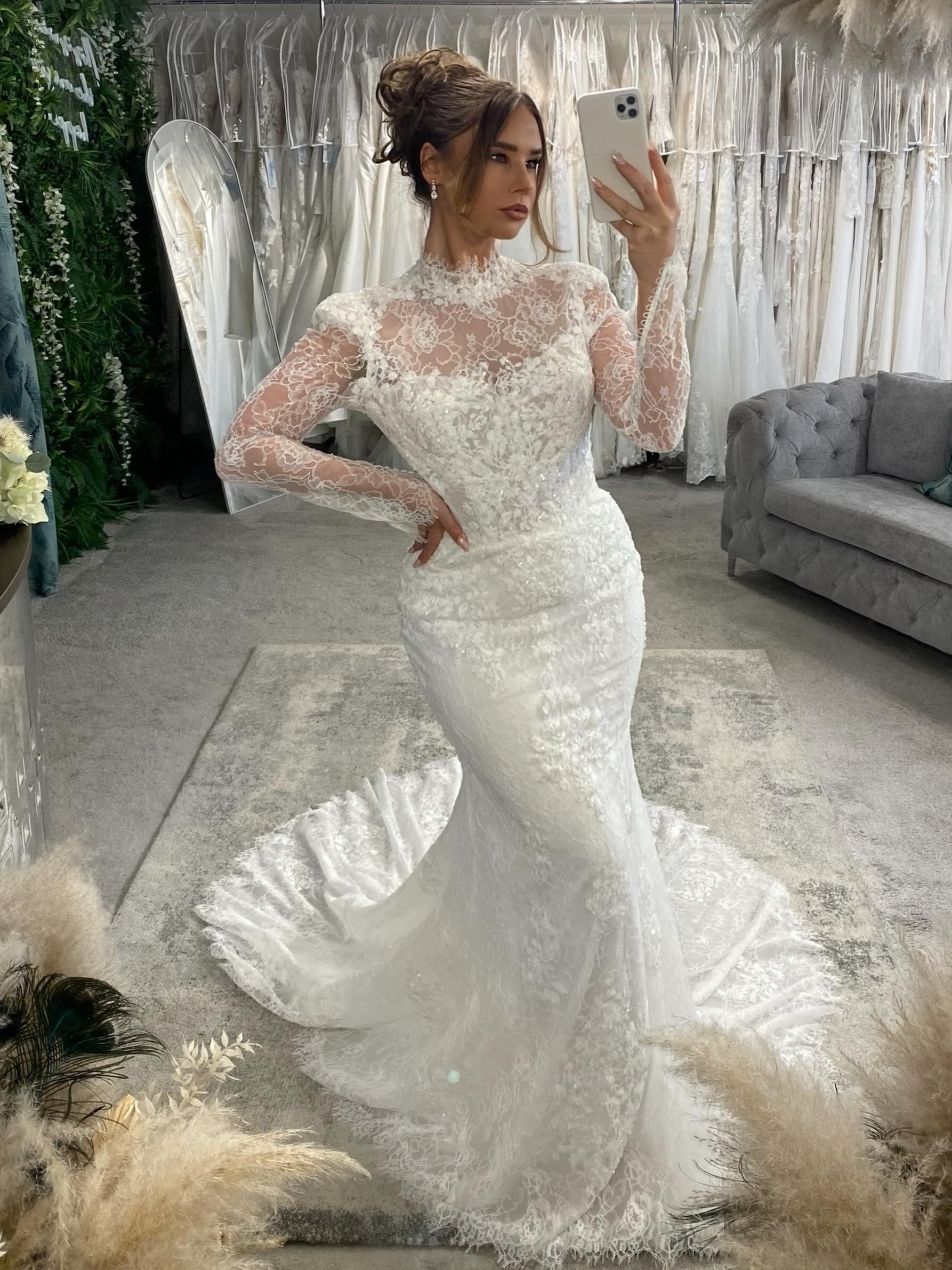 Long Sleeves High Neck Lace Mermaid Wedding Dress