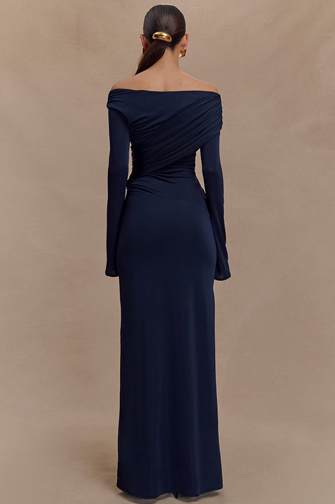 V - Neck Slim Fit Ruched Maxi Dress