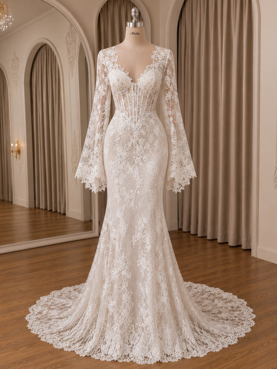 Deep V Bell Long Sleeve Lace Corset Mermaid Wedding Dress With Scalloped Chapel Train