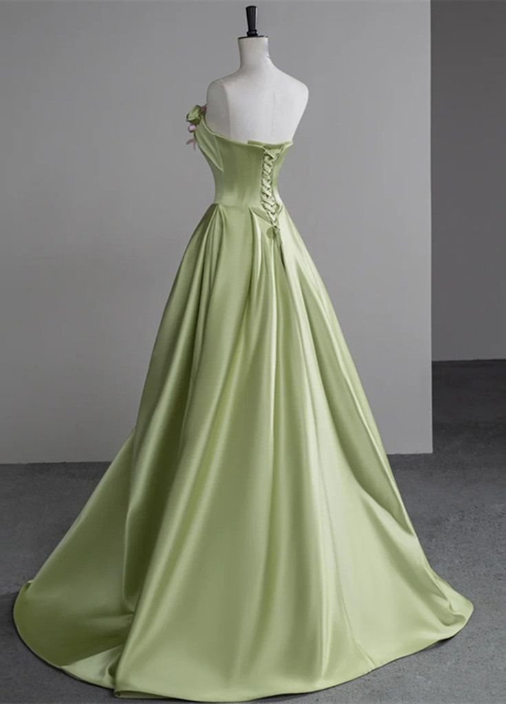 Elegant Green Satin Party Dress With Flowers, Green Long Prom Dress - View 4 | FashionDia