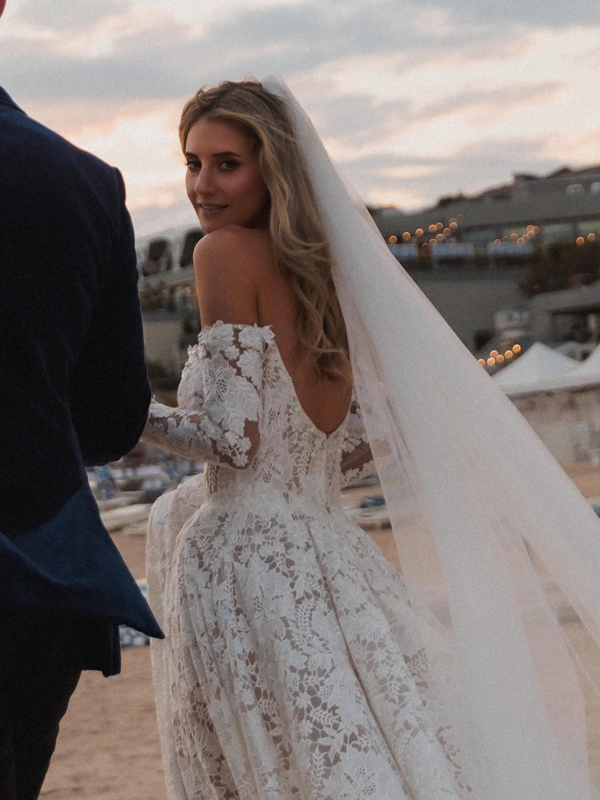 Off-Shoulder 3/4 Sleeve Full Lace A-Line Open Back Wedding Dress With Train