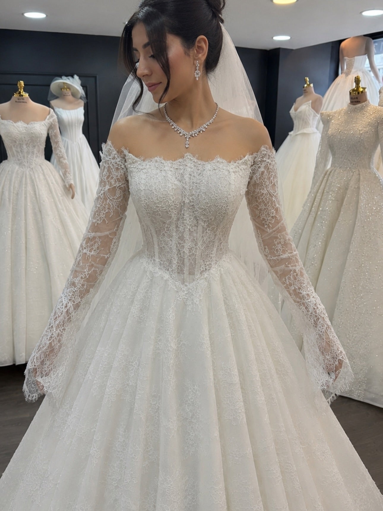 Romantic Long Sheer Sleeve Lace Corset Off Shoulder Ballgown Bridal Gown
