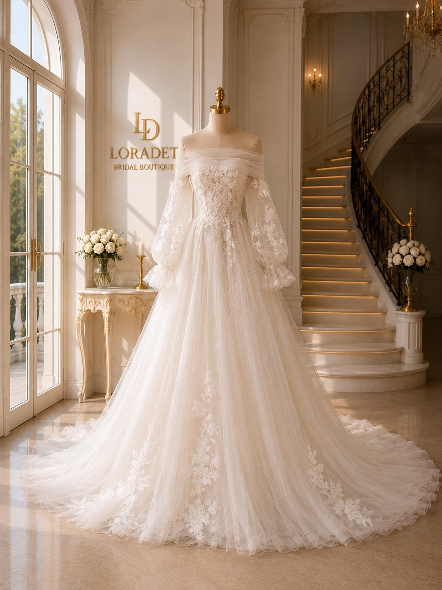 Off the Shoulder Puff Sleeve Lace Floral Tulle Bridal Ball Gown