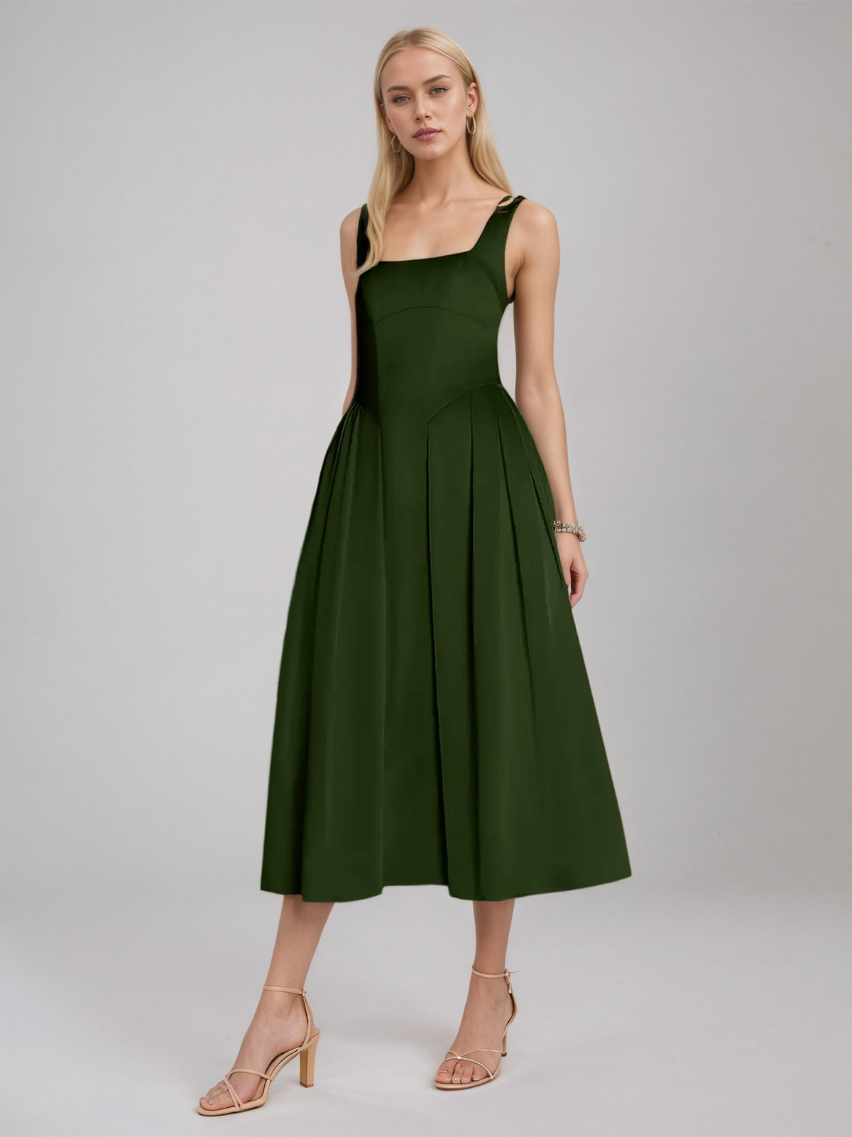 Olive Green A Line Satin Square Neck Sleeveless Tea Length Dress