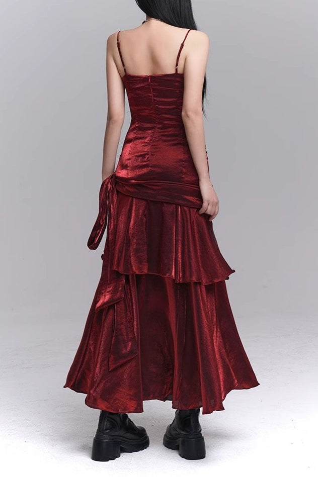 Asymmetrical Burgundy Ruffled Tailored Dress for Layered Outfit Styling