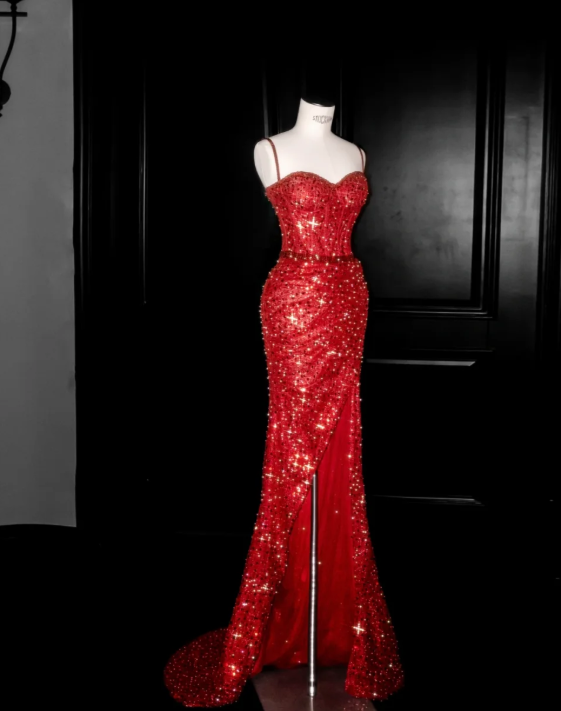 Mermaid Red Sequin Prom Party Dress Shiny Sexy Evening Dress Birthday Outfit - VelvetHem