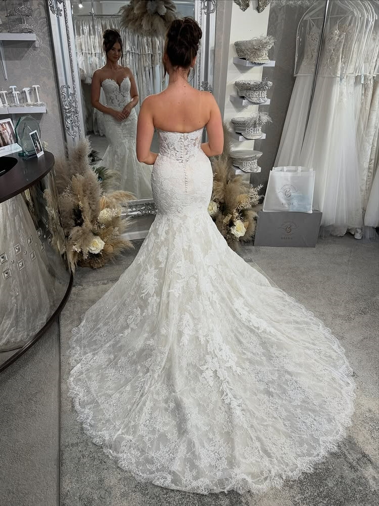 Sweetheart Lace Cover Button Mermaid Wedding Dress With Wide Lace Train - View 2 | FashionDia