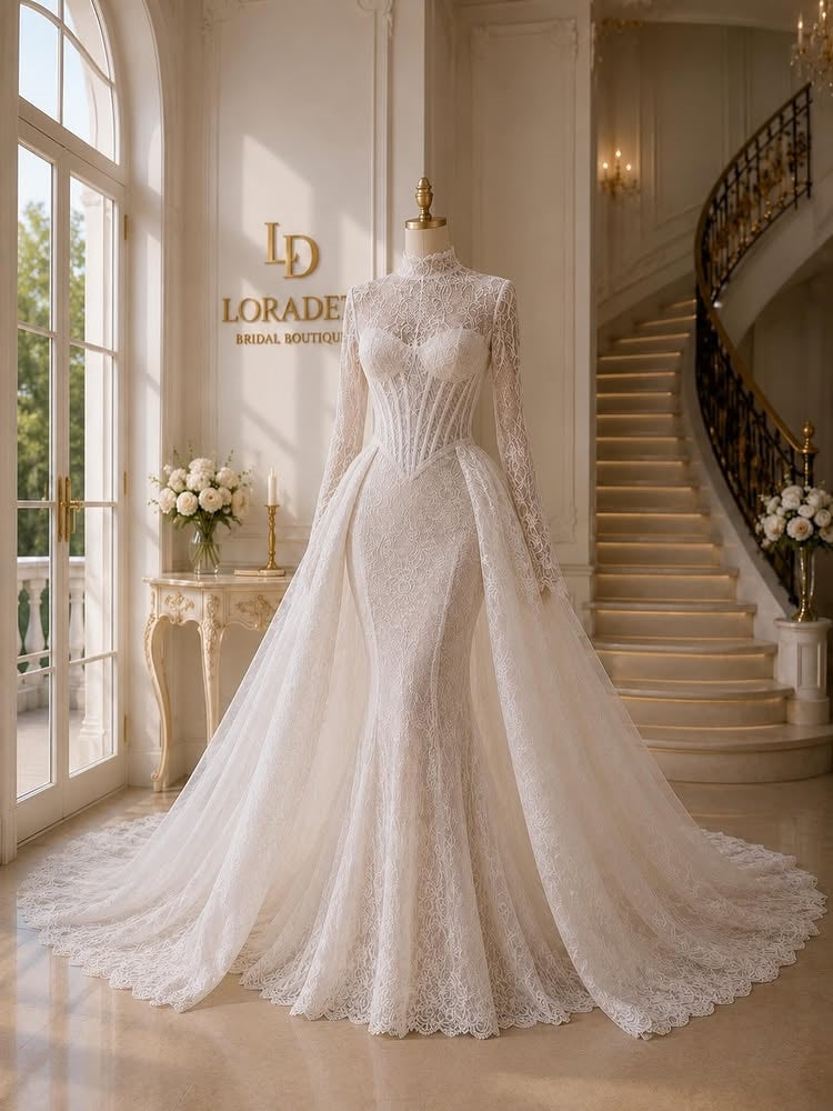 High Neck Long Sleeve Lace Corset Wedding Dress With Overskirt And Scalloped Lace Train