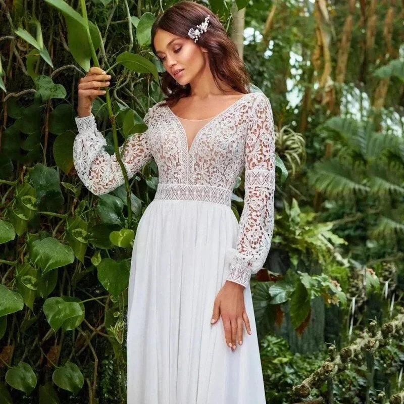 Bohemian Sweetheart Wedding Dresses A-Line Long Sleeve White Lace Applique Chiffon Backless Bridal Gown Train Vestidos De Novia (ZD13383)
