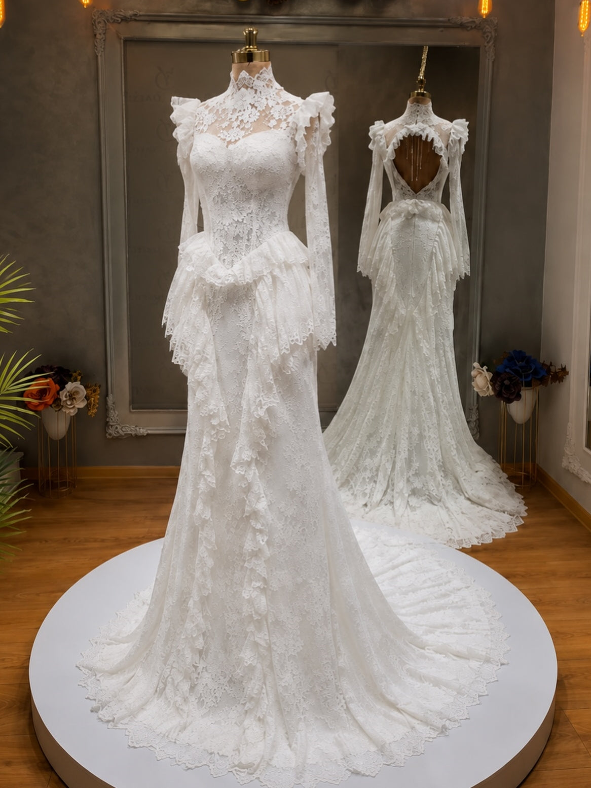 Gothic Retro High Neck Long Sleeve Ruffled Lace Mermaid Wedding Dress With Open Back