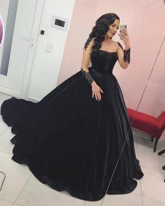 Black velvet wedding dresses ball gown lace appliques long sleeves for bride (ZD13600)