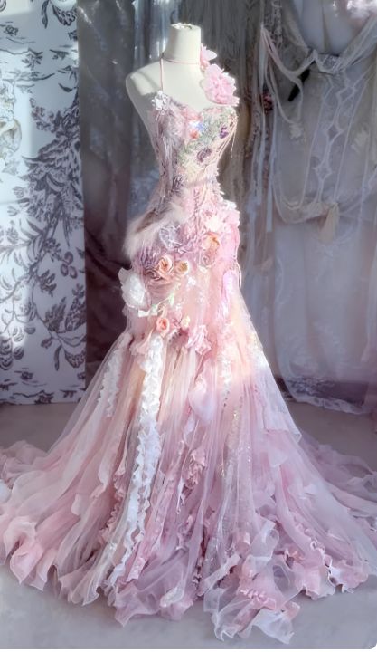 Fairytale Pink Sweetheart Mermaid Tulle Long Prom Dresses Formal Evening Gowns with Appliques - View 5 | FashionDia