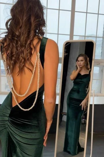 Mermaid Velvet Prom Dress Backless Evening Dress With Pearls