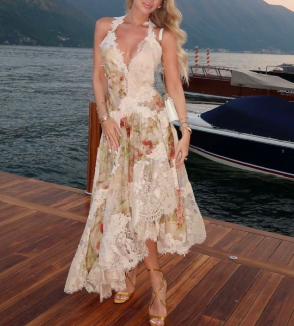 Vintage Halter V-Neck Chiffon Print Floral Lace Prom Dress Mermaid Long Party Dress - FashionDia