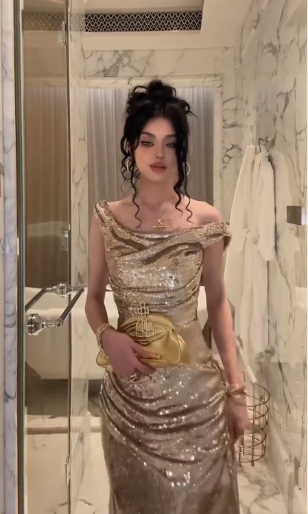 Elegant Champagne Gold Sequins Mermaid Prom Dress,Off-the-Shoulder Slit Long Prom Dress Party Gown - View 7 | FashionDia