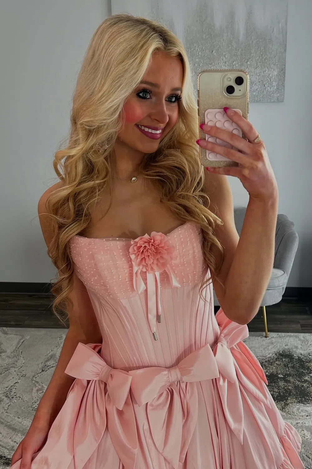 Cute A Line Strapless Pink Short Homecoming Dress with Bowknot Flowers