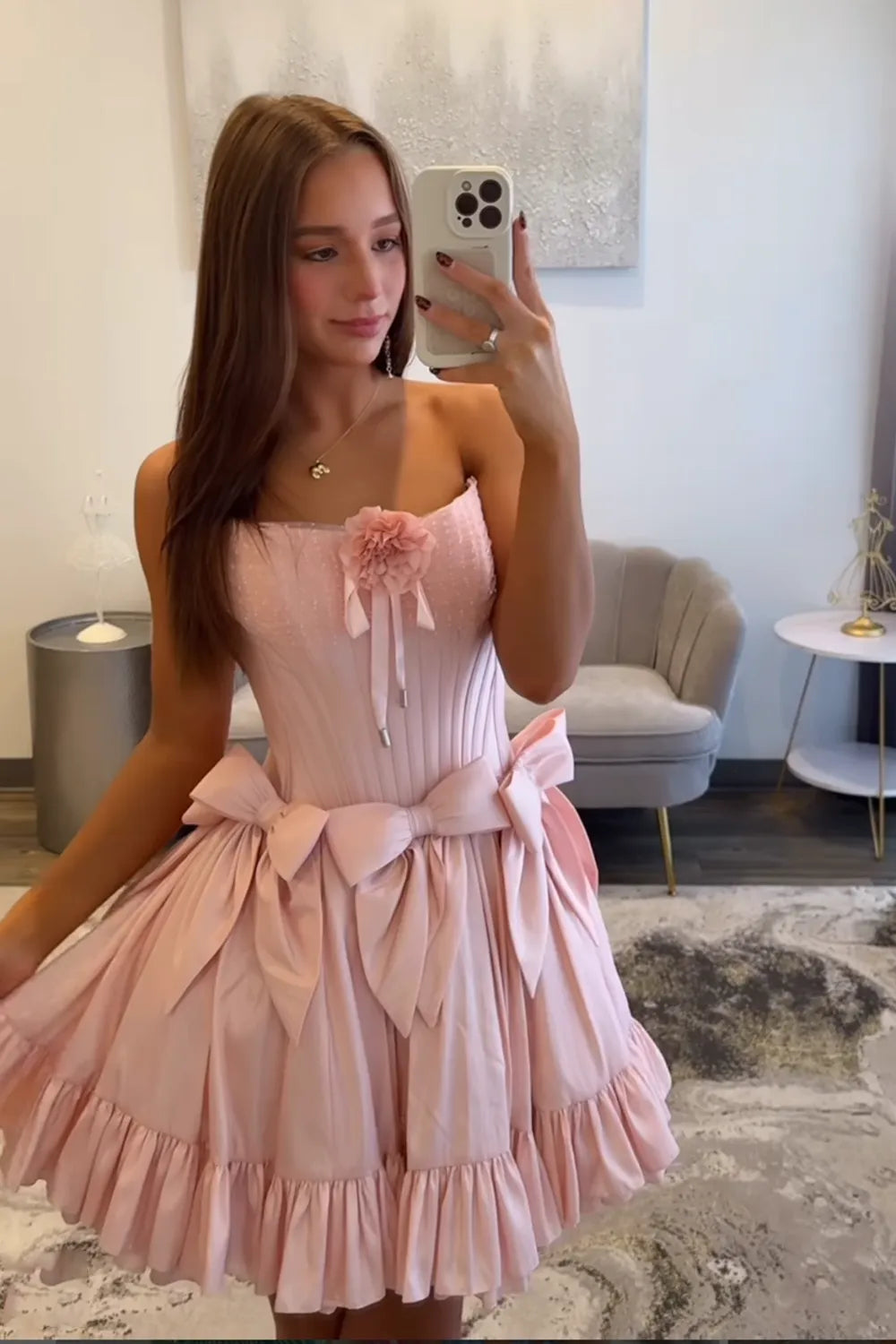 Cute A Line Strapless Pink Short Homecoming Dress with Bowknot Flowers