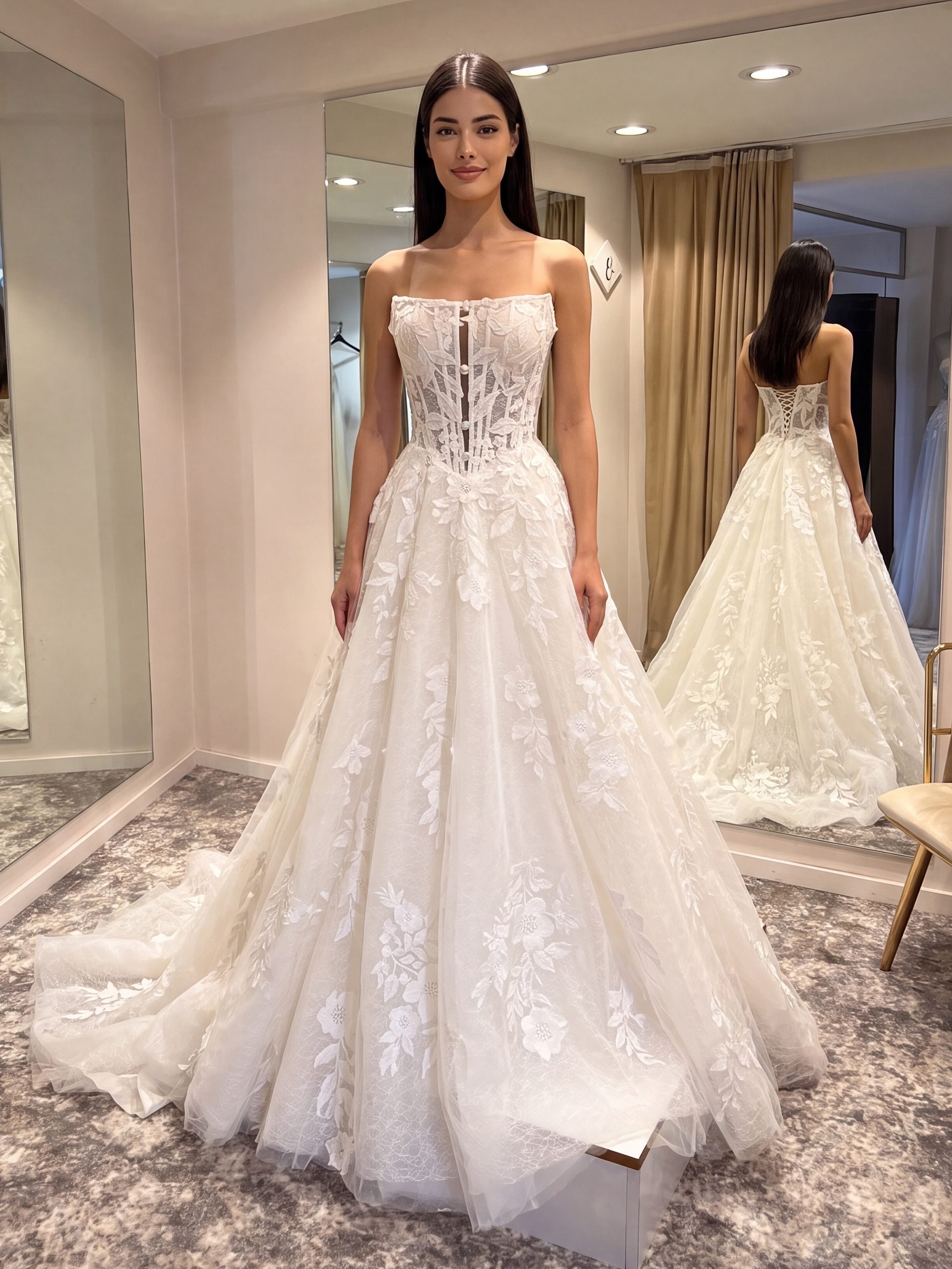A-Line Strapless Modern Lace Sleeveless Wedding Gown