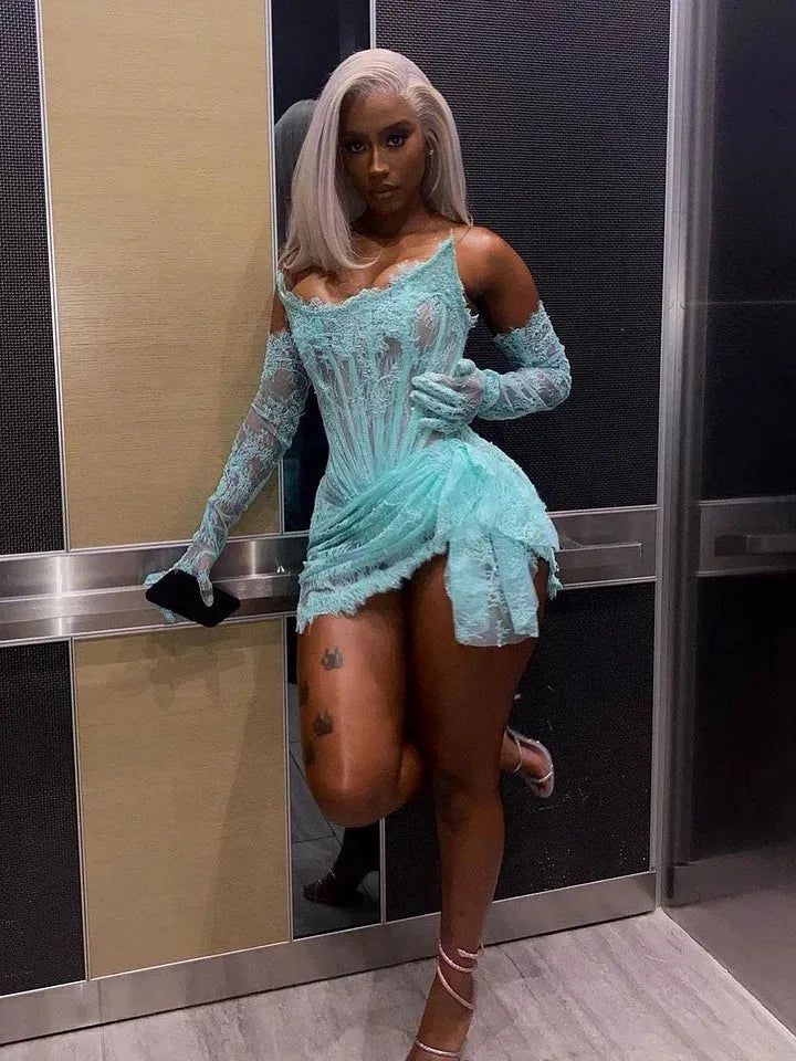 Romantic Lace Sexy Evening Dress Strapless Half Sleeves Summer Short Prom Gowns Saudi Arabia For Special Occasion Plus Size Blue