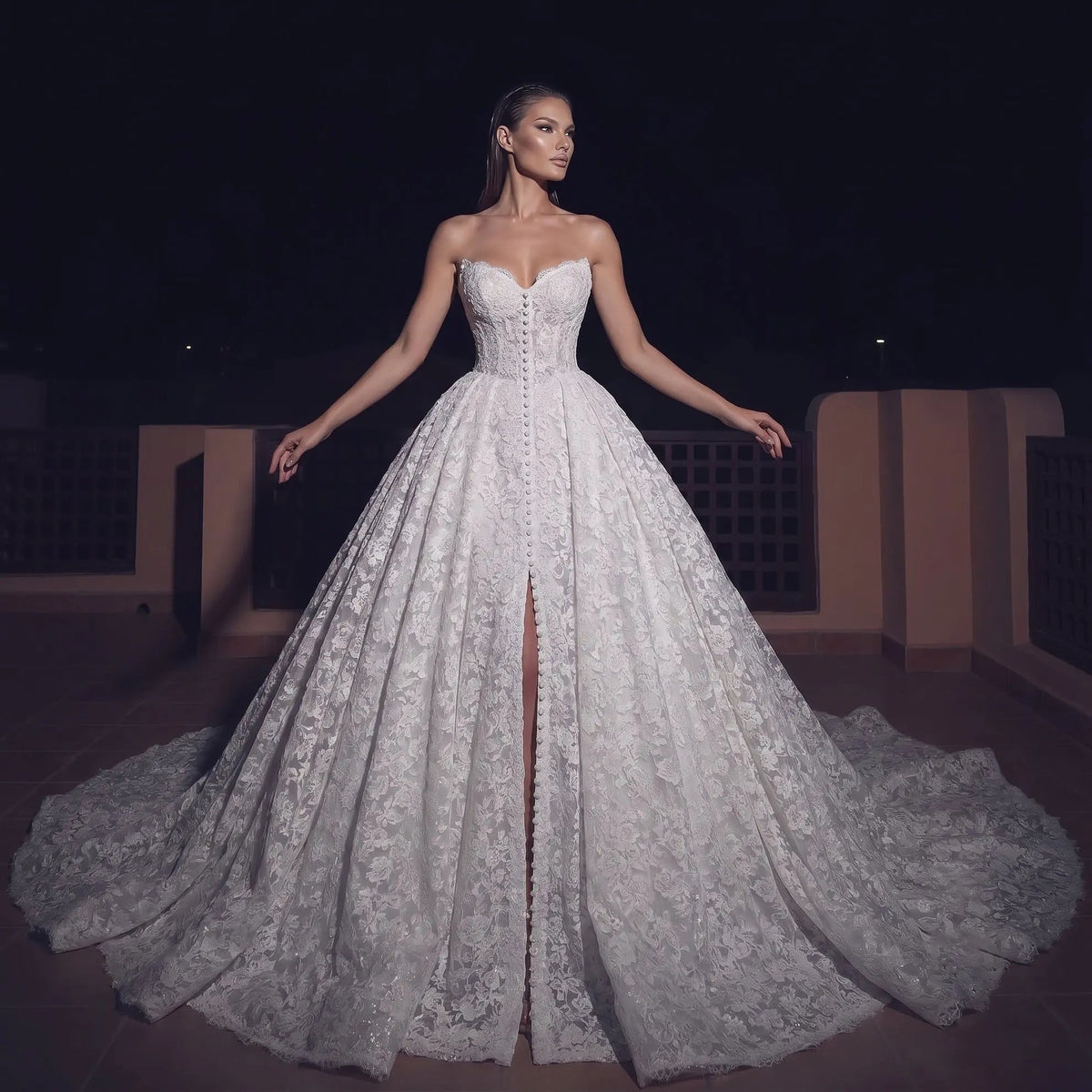 White Floral Lace Strapless Bridal Gown Sweetheart Neckline Front Button Ball Gown ZP011