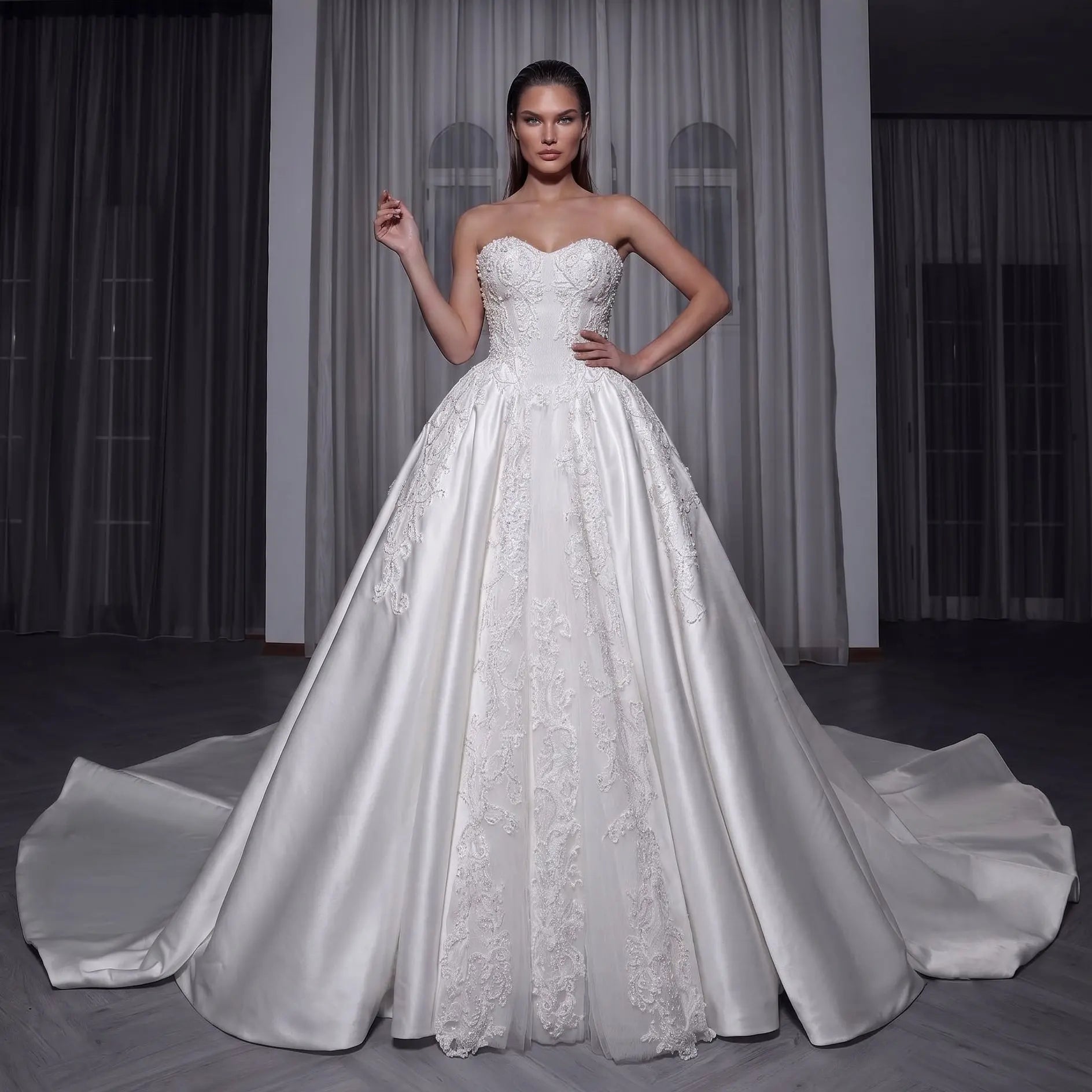 White Satin Strapless Wedding Dress Lace Appliques Sweetheart Neckline Ball Gown ZP010