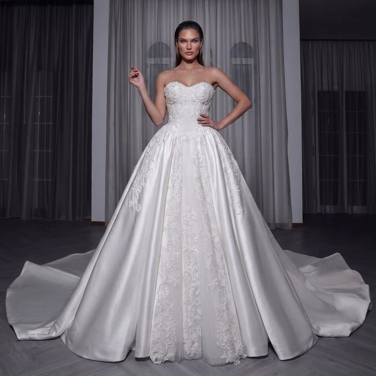 White Satin Strapless Wedding Dress Lace Appliques Sweetheart Neckline Ball Gown ZP010 - View 3 | VelvetHem