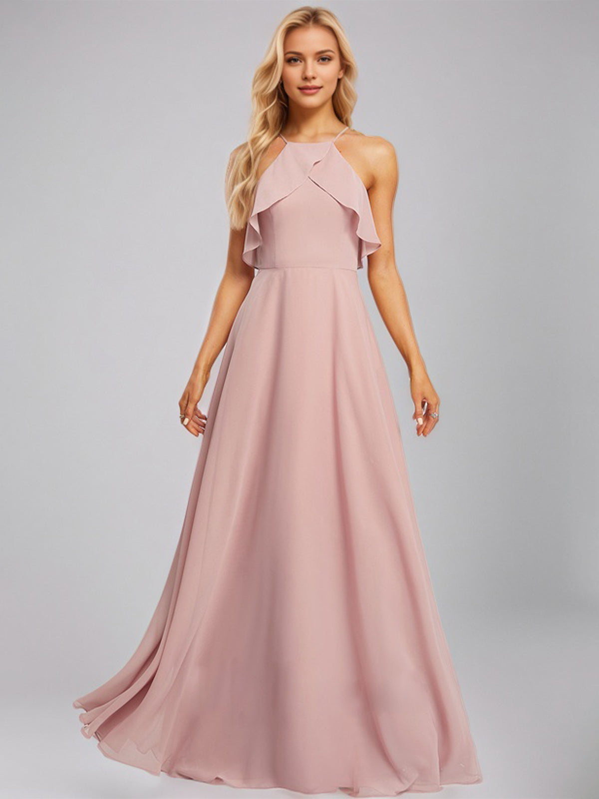 Dusty Rose A-Line Halter Floor-Length Chiffon Bridesmaid Dress With Ruffle