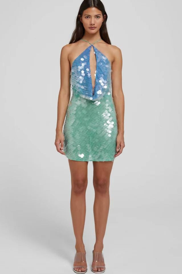 Chic Halter Backless Slim Sequin Sling Sequin Dress - View 4 | VelvetHem