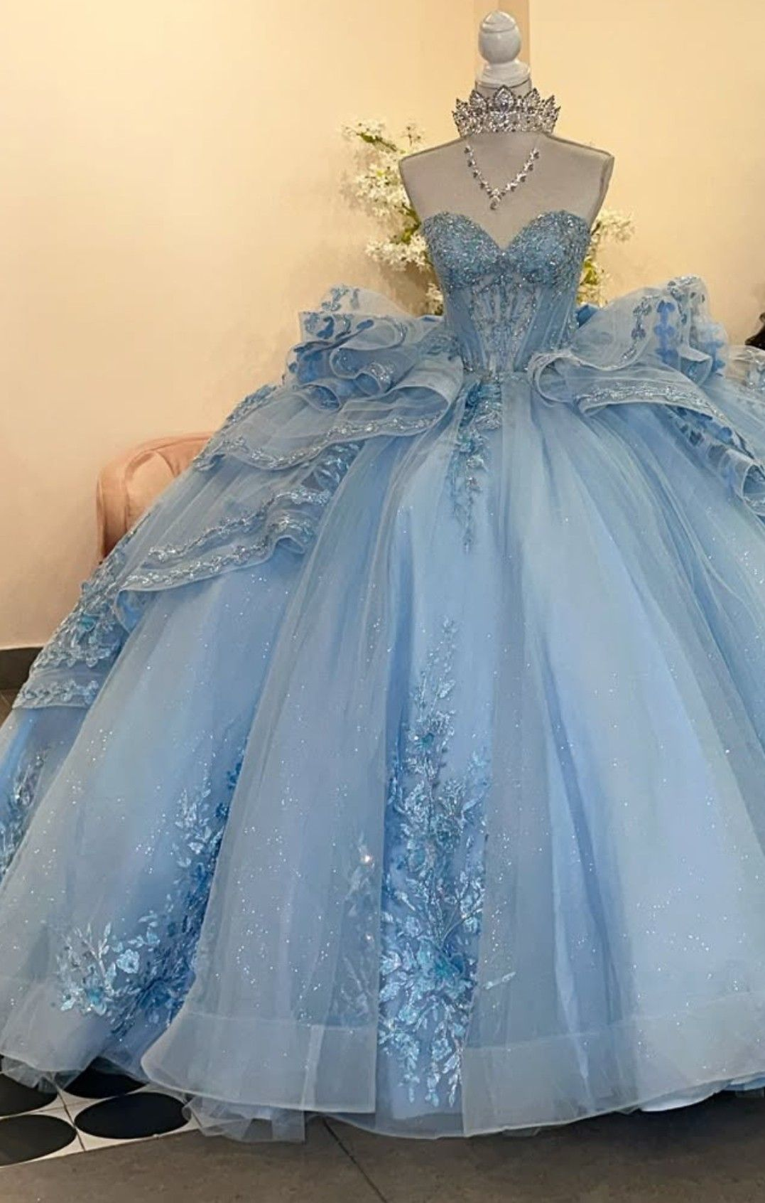 Sweetheart Sweet 15 Ball Gown Blue Tulle Prom Dress - FashionDia