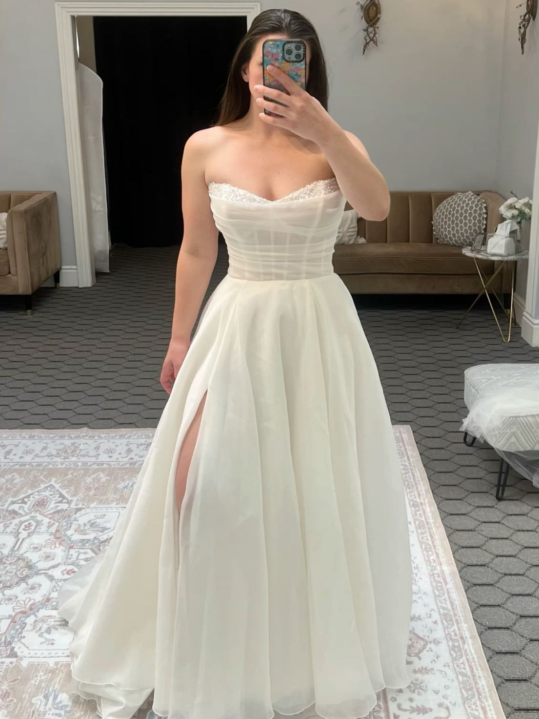 Strapless Beaded Corset High Slit A-Line Wedding Dress - VelvetHem