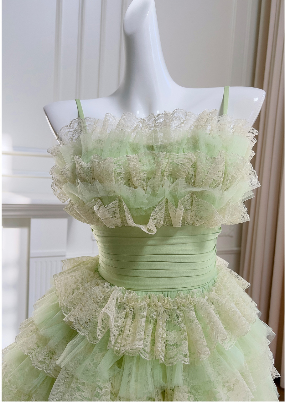 Light Green Tulle Lace Tiered Short Homecoming Dress Birthday Outfits - View 3 | FashionDia