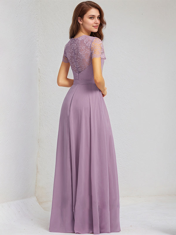 Wisteria A-Line Scoop Floor-Length Lace Chiffon Bridesmaid Dress