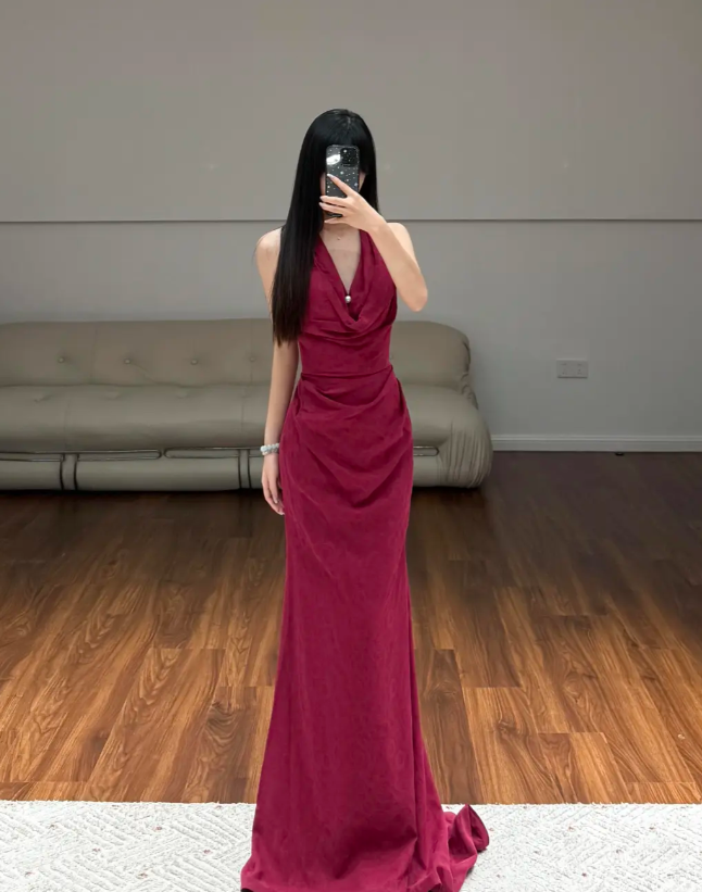 Halter Neck Burgundy Mermaid Evening Dress Birthday Outfit Prom Party Dress