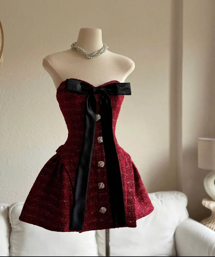 Unique Burgundy Sweetheart Neck A-Line Short Birthday Dress Vacation Dress - View 2 | FashionDia