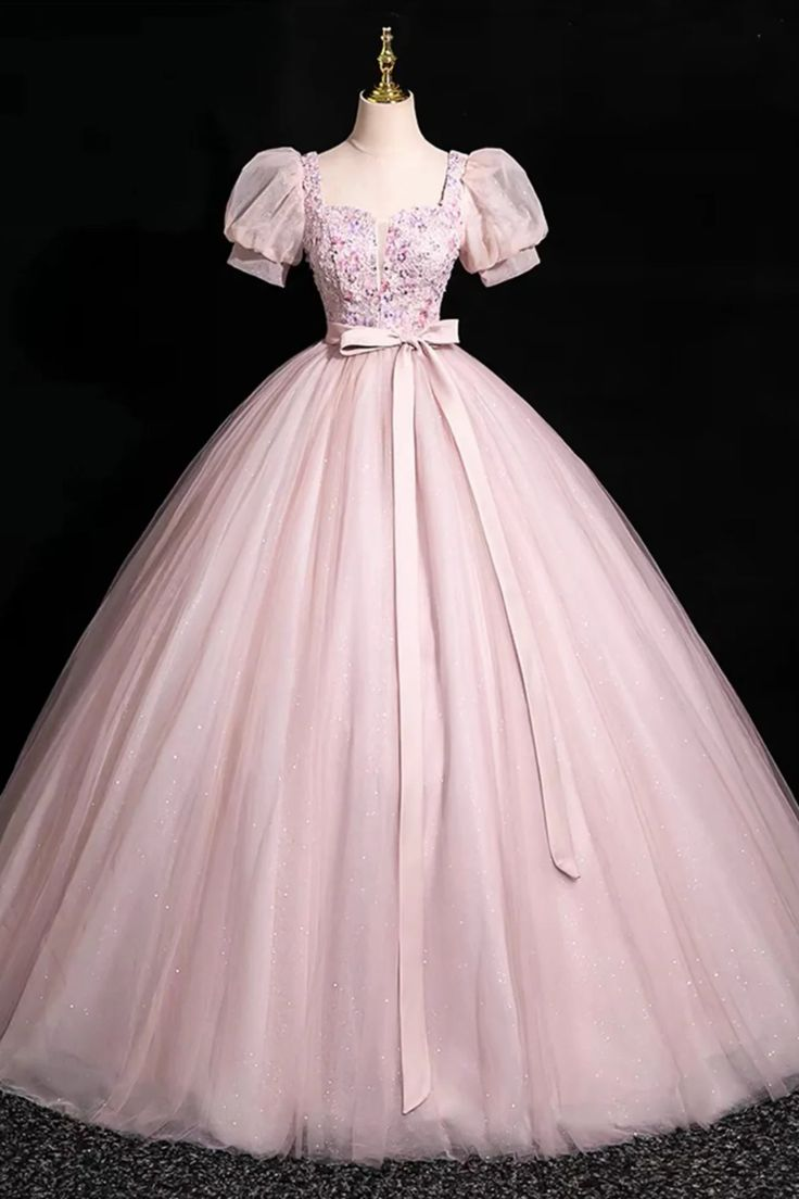 Pink Short Sleeves Floor-Length Tulle Long Prom Dress, Long Pink Tulle Formal Evening Dress - FashionDia