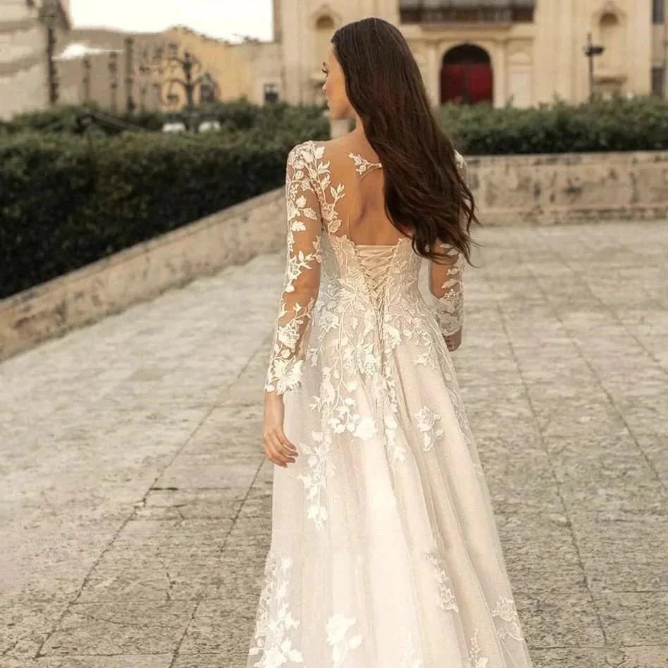Elegant Round Neck Wedding Dresses 2023 Lace Long Sleeve Decal A-line Fashion Women's Bridal Dress Robe Back Strap Design De (ZD14192)