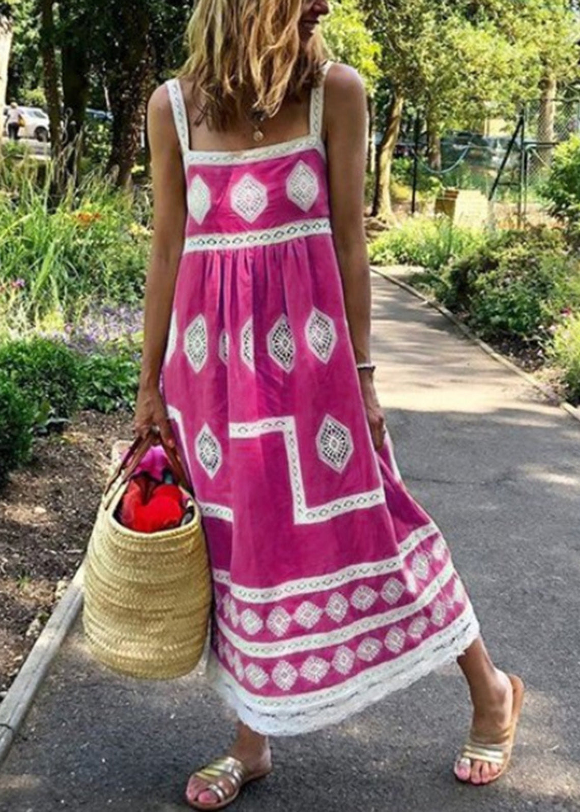Yellow Square Neck Boho Print Tank Maxi Dress