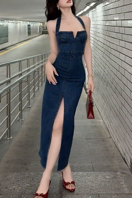 Halter Split Maxi Denim Dress - VelvetHem